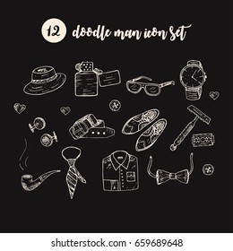 Doodle vector icon set with man accessories and symbols. Gentleman's vintage accessories doodle set. Hand drawn men illustrations