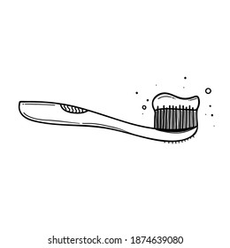 doodle Vector icon of toothbrush with applied toothpaste portion. black isolated on white