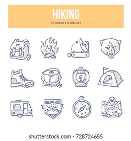 Doodle Vector Icons Of Hiking And Camping For Website And Printing Materials