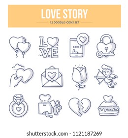 Doodle vector icons of love and wedding for website and printing materials. Love story concepts