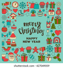 Doodle vector icons Merry christmas and happy new year