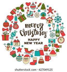 Doodle vector icons Merry christmas and happy new year