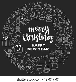 Doodle vector icons Merry christmas and happy new year