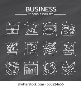 Doodle vector icons set of Business on chalkboard background.