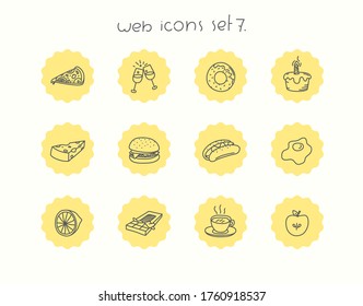 Doodle vector icons set isolated on white. Web icons set 7. Meal and drinks