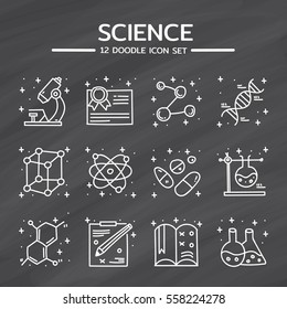 Doodle Vector Icons Set Of Science On Chalkboard Background.