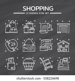 Doodle vector icons set of Shopping on chalkboard background.
