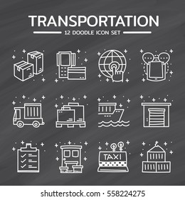 Doodle vector icons set of Transportation on chalkboard background.