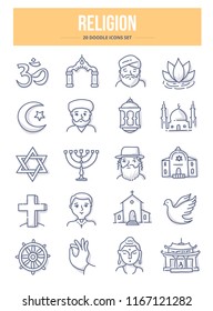 Doodle vector icons of world religions such as: Christianity, Islam, Hinduism, Judaism and Buddhism for website and printing materials