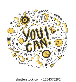 Doodle vector illistration of developing and using personal potential with text "you can!"Concept of personal growth instrumets. 