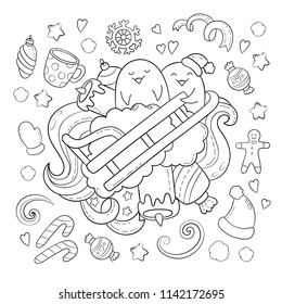 Doodle vector illustration, abstract background, texture, pattern, wallpaper, Collection of New Year Christmas elements and objects set. Freehand sketch for adult anti stress coloring book.