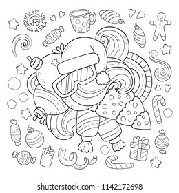 Doodle vector illustration, abstract background, texture, pattern, wallpaper, Collection of New Year Christmas elements and objects set. Freehand sketch for adult anti stress coloring book.