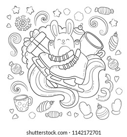 Doodle vector illustration, abstract background, texture, pattern, wallpaper, Collection of New Year Christmas elements and objects set. Freehand sketch for adult anti stress coloring book.