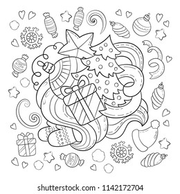 Doodle vector illustration, abstract background, texture, pattern, wallpaper, Collection of New Year Christmas elements and objects set. Freehand sketch for adult anti stress coloring book.