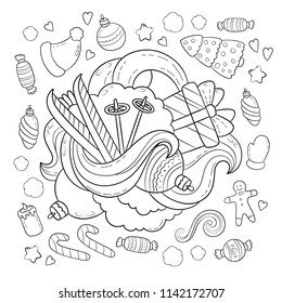 Doodle vector illustration, abstract background, texture, pattern, wallpaper, Collection of New Year Christmas elements and objects set. Freehand sketch for adult anti stress coloring book.