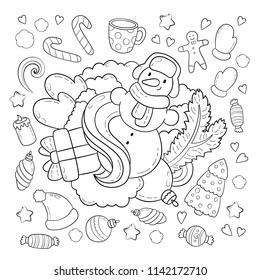 Doodle vector illustration, abstract background, texture, pattern, wallpaper, Collection of New Year Christmas elements and objects set. Freehand sketch for adult anti stress coloring book.