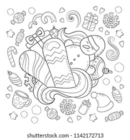 Doodle vector illustration, abstract background, texture, pattern, wallpaper, Collection of New Year Christmas elements and objects set. Freehand sketch for adult anti stress coloring book.