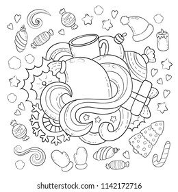 Doodle vector illustration, abstract background, texture, pattern, wallpaper, Collection of New Year Christmas elements and objects set. Freehand sketch for adult anti stress coloring book.