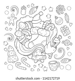 Doodle vector illustration, abstract background, texture, pattern, wallpaper, Collection of New Year Christmas elements and objects set. Freehand sketch for adult anti stress coloring book.