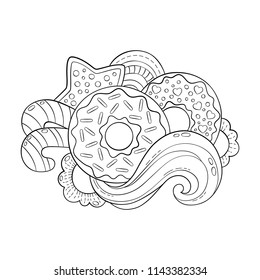 Doodle vector illustration, abstract background, texture, pattern, wallpaper, Collection of sweets, desserts, elements set. Freehand sketch for adult anti stress coloring book page