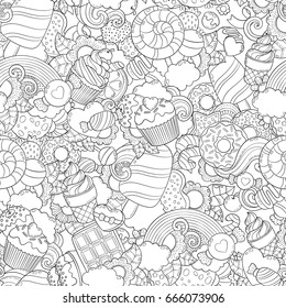 Doodle vector illustration, abstract background, texture, pattern, wallpaper, Collection of sweets, desserts, ice cream, candy elements set. Freehand sketch for adult anti stress coloring book page