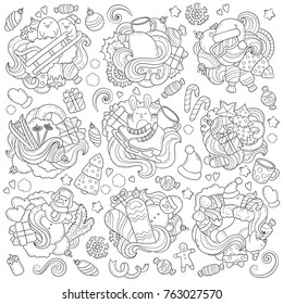 Doodle vector illustration, abstract background, texture, pattern, wallpaper, Collection of New Year Christmas elements and objects  set. Freehand sketch for adult anti stress coloring book. 