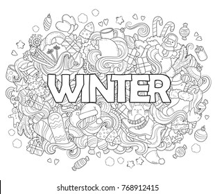 Doodle vector illustration, abstract background, texture, pattern, wallpaper, Collection of New Year Christmas elements and objects set. Adult anti stress coloring book page with doodle and zenta