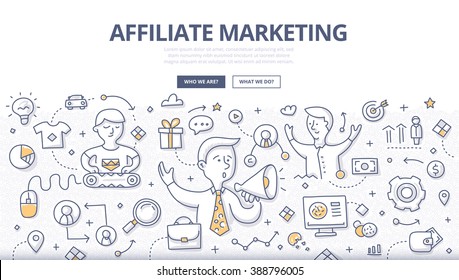 Doodle vector illustration of advertiser selling, publisher promoting and consumer buying a product. Concept of earning a commission by promoting products or people for web banners, printed materials