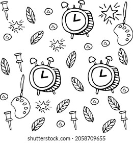 Vector de Doodle. Ilustración del reloj despertador de doodle, paleta, hojas, estrella, botón, claveles. Elementos de estilo hechos a mano para el concepto de diseño. 