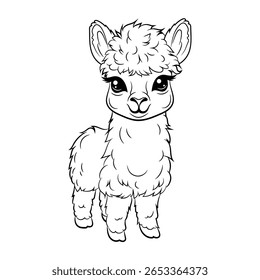 Ilustração vetorial de doodle de Alpaca em estilo de desenho animado. Isolado no fundo branco. Perfeito para projetos de design com tema de animais de estimação, adesivos e livro de coloração.