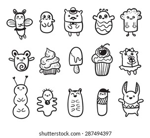 Doodle vector illustration with animals. Funny monsters graffiti. Hand drawn sketch art.