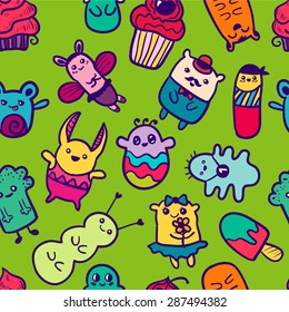 Doodle vector illustration with animals. Seamless background. Funny monsters graffiti. Hand drawn sketch art. 