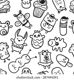 Doodle vector illustration with animals. Seamless background. Funny monsters graffiti. Hand drawn sketch art. 