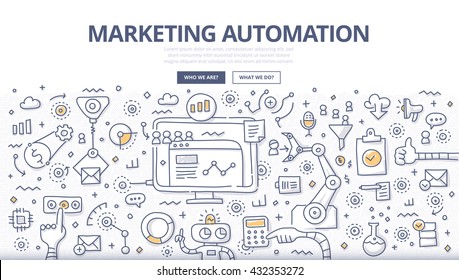 Doodle vector illustration of automating and measuring marketing tasks and work flows to increase company efficiency and connect with potential clients. 