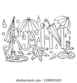 Doodle vector illustration with autumn rain. White and black hand drawn line art.
