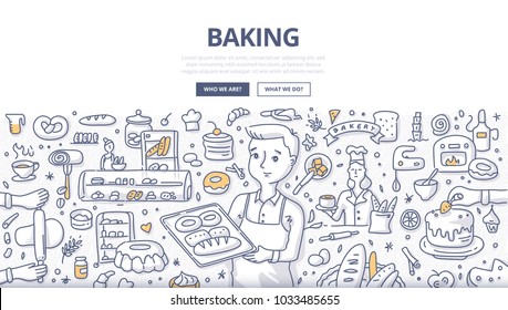 Doodle vector illustration of a baker demonstrating fresh bread on a tray. Bakery production, bread shop and baking concept for web banners, hero images, printed materials