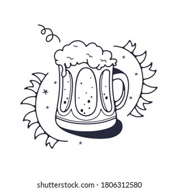 Doodle vector illustration with beer mug. Isolated on white background.