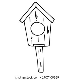 Doodle vector illustration of birdhouse isolated on white. Spring season. Hand drawn simple element. For greeting card, poster, collage, wrapping, book illustration.