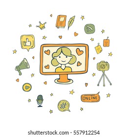 Doodle vector illustration with blogger in monitor and blogging elements around.  Speech bubbles, hearts,  computer, microphone, stickers, notebook.Hand drawn blogging elements isolated on background.