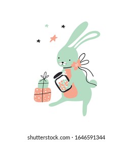 doodle vector illustration of a blue rabbit with gifts and sweets, drawing for the holiday and design