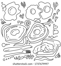 Doodle vector illustration breakfast consisting of fried eggs, baked eggs, poached eggs,
drawing for cafe menu, design and creativity