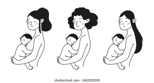 Doodle vector illustration of breastfeeding concept. Different race young mothers holding her newborn child. Lactation and breastfeeding. Mother and child. Mom nursing baby. Happiness Concept
