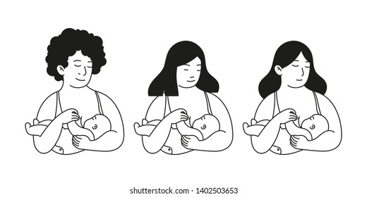 Doodle vector illustration of breastfeeding concept. Different race young mothers holding her newborn child. Mom nursing baby. Mother and child. Lactation and breastfeeding. Happiness Concept
