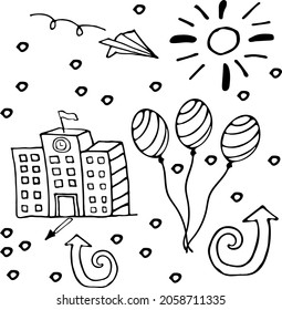 Vector de Doodle. Ilustración del garabato, flechas, bolas, plano de papel, sol. Elementos de estilo hechos a mano para el concepto de diseño. 