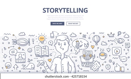 Doodle vector illustration of building social media campaigns around stories, storytelling, producing creative and original ads. Storytelling concept for web banners, hero images, printed materials