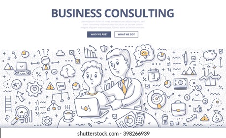 Doodle vector illustration of business consultant giving advice, building business strategy, discussing ideas, planning work. Business consulting concept for web banners hero images, printed materials