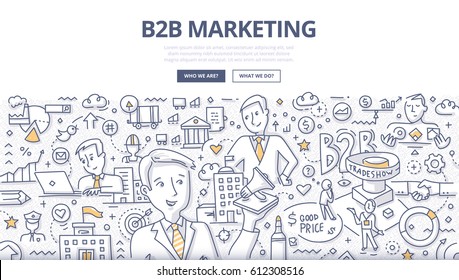 Doodle vector illustration of business-to-business marketing. B2B concept of selling one company's products or services to another company for web banners, hero images, printed materials