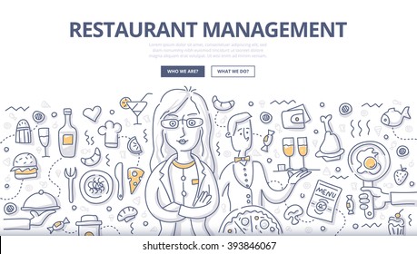 Doodle vector illustration of businesswoman, entrepreneur, owner, manager in restaurant industry. Restaurant management concept for web banners, hero images, printed materials