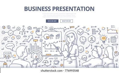 Doodle Vector Illustration Of A Businesswoman Leading Meeting, Giving Presentation To Audience. Concept Of Business Presentation For Web Banners, Hero Images, Printed Materials