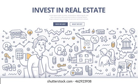 Doodle vector illustration of buying, renting property. Concept of real estate investment for web banners, hero images, printed materials